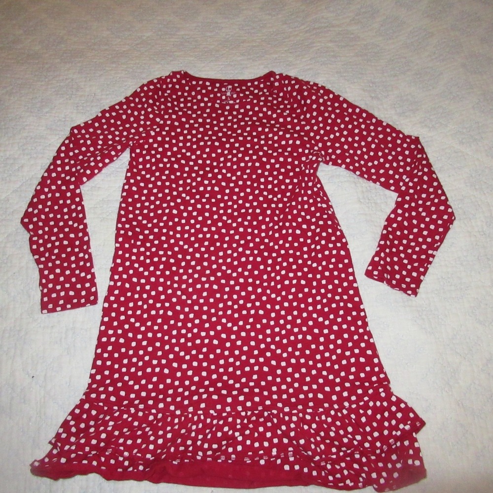 Lands End Dress Kids L 14 Red Polka Dot Ruffle Long Sleeve Cotton